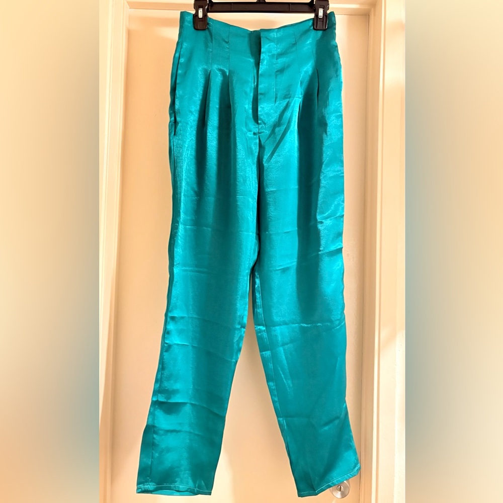 NWOT SHEIN Teal Satin Pleated Straight Trousers